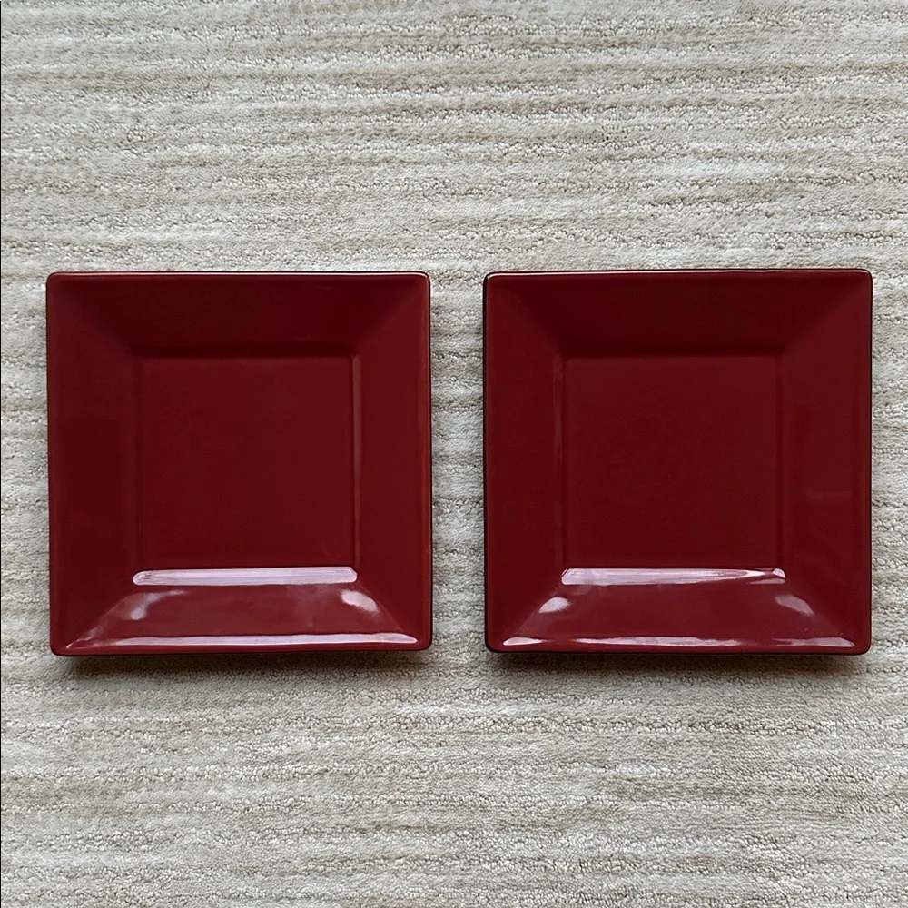 Set of 2 POTTERY BARN CHINA Salad Appetizer Plates Asian Square Paprika (Red) 8”